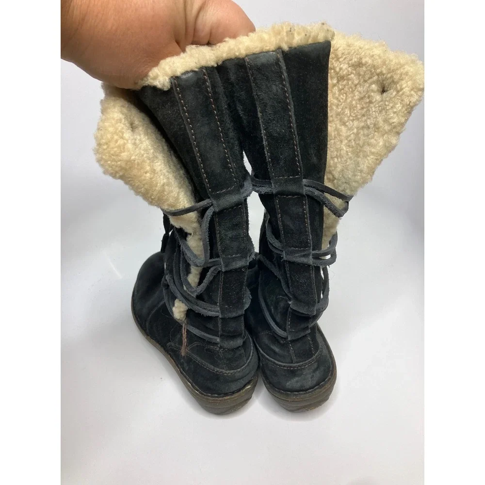 UGG Sunburst Tall Boots Womens 7 Black Good Suede Sheepskin Lace Up 5153